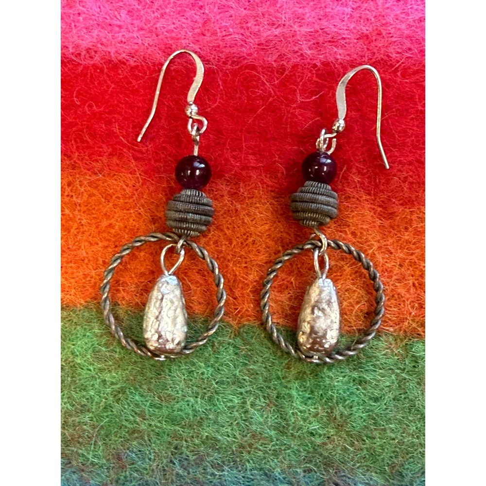Artisan Boho Mixed Metal Hammered Teardrop Hoop Dangle Earrings Purple Bead